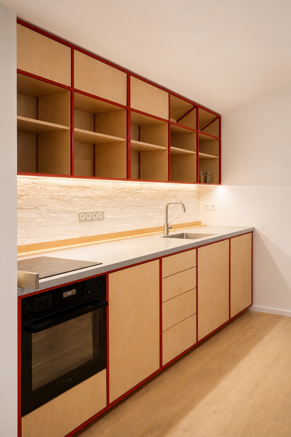 Birch plywood kitchen with red frame details