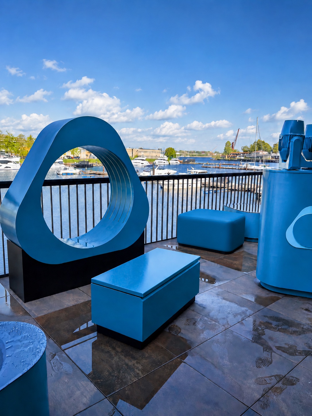 Blue metal terrace objects overlooking the waterfront