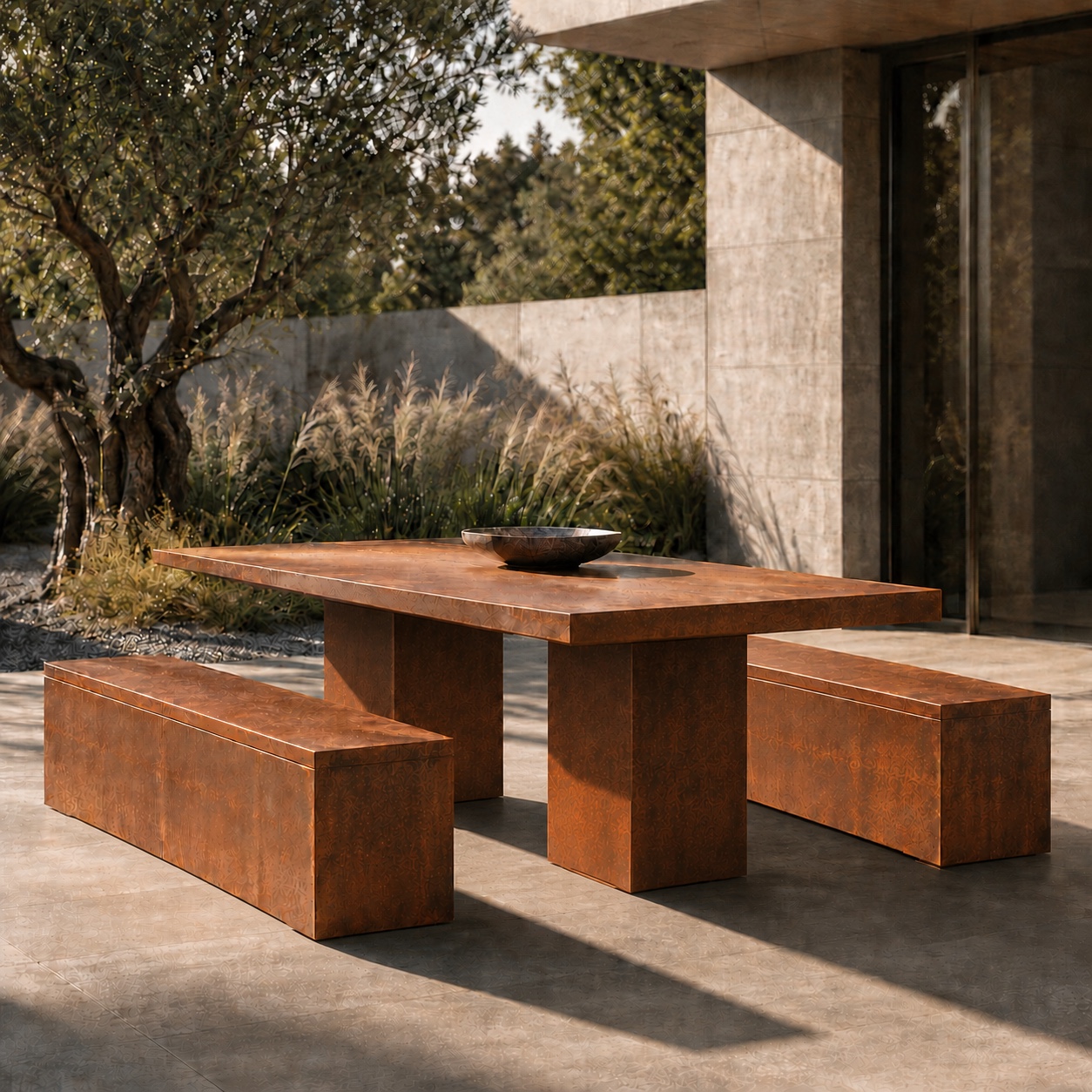 WE FORM SPACE Corten outdoor dining set with monolithic table and benches