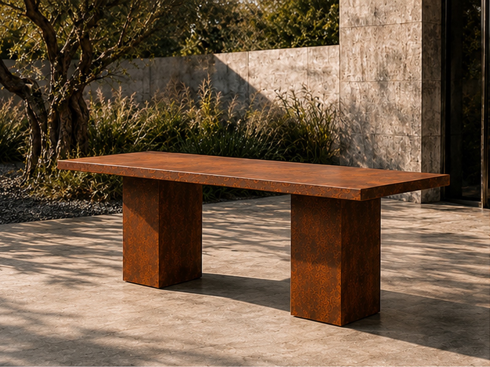 WE FORM SPACE Corten-style outdoor dining table with block pedestal supports