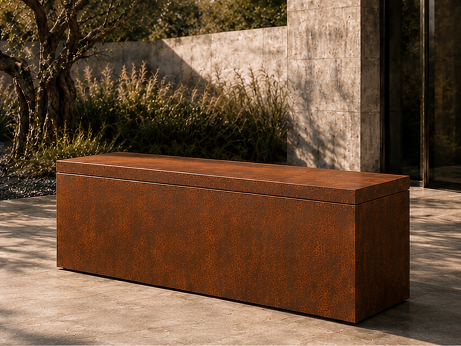 WE FORM SPACE Corten-style outdoor storage bench in closed position