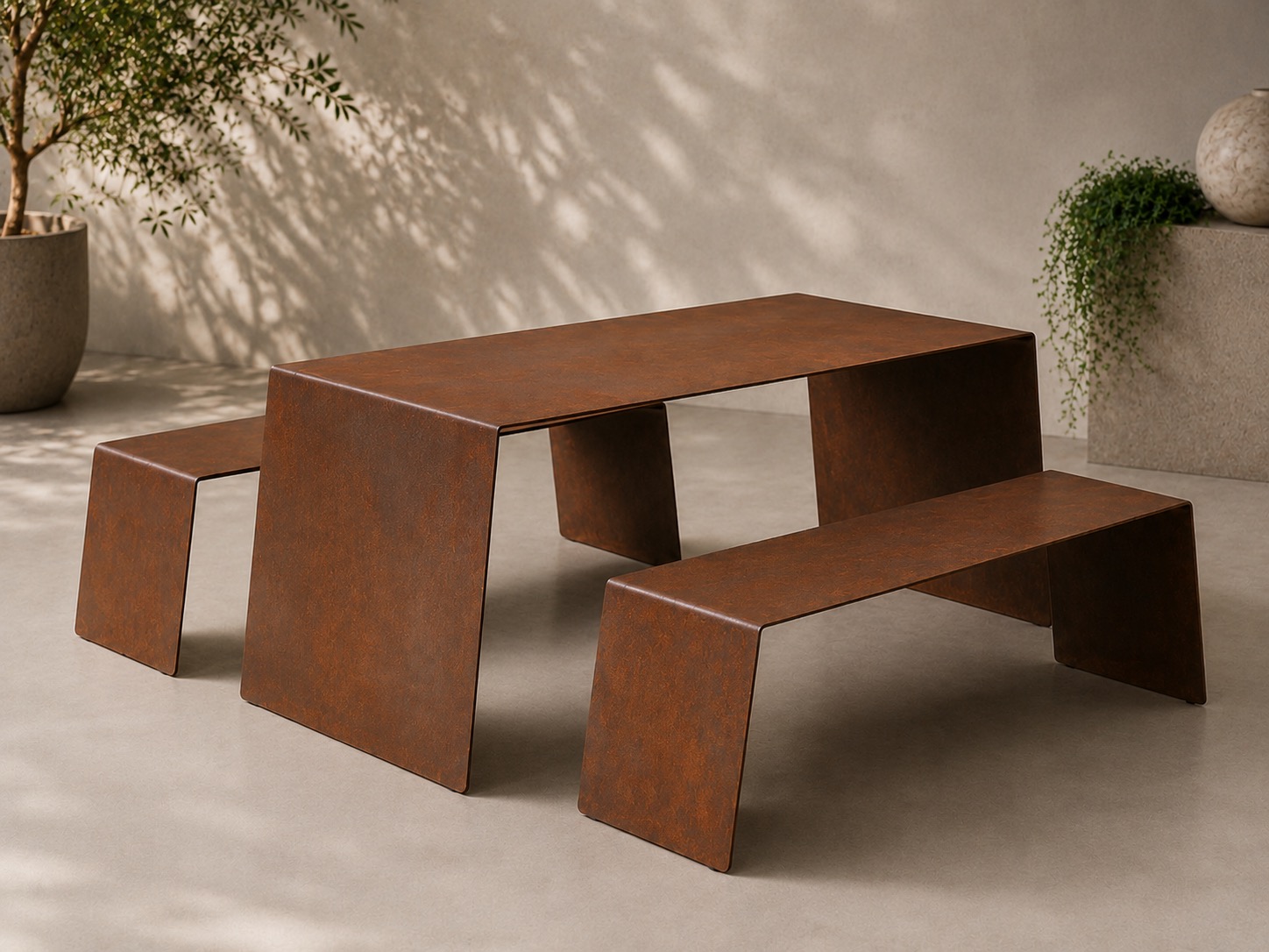 WE FORM SPACE Corten outdoor dining set with metal table and benches for patio