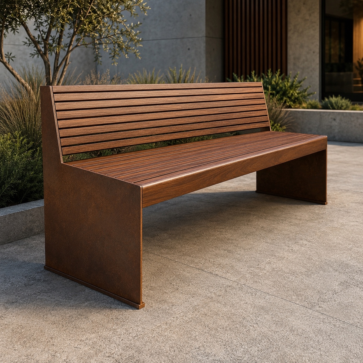 WE FORM SPACE Outdoor bench with timber slats and corten-style side panels