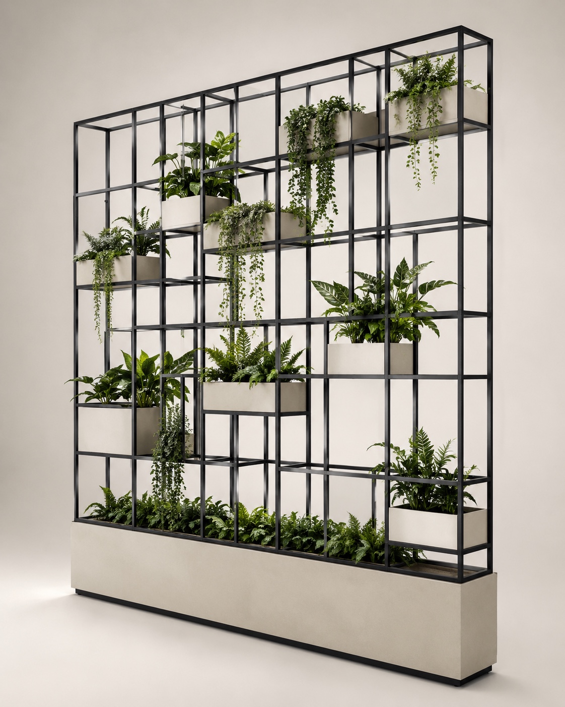 WE FORM SPACE Freestanding black metal grid plant wall with integrated planters