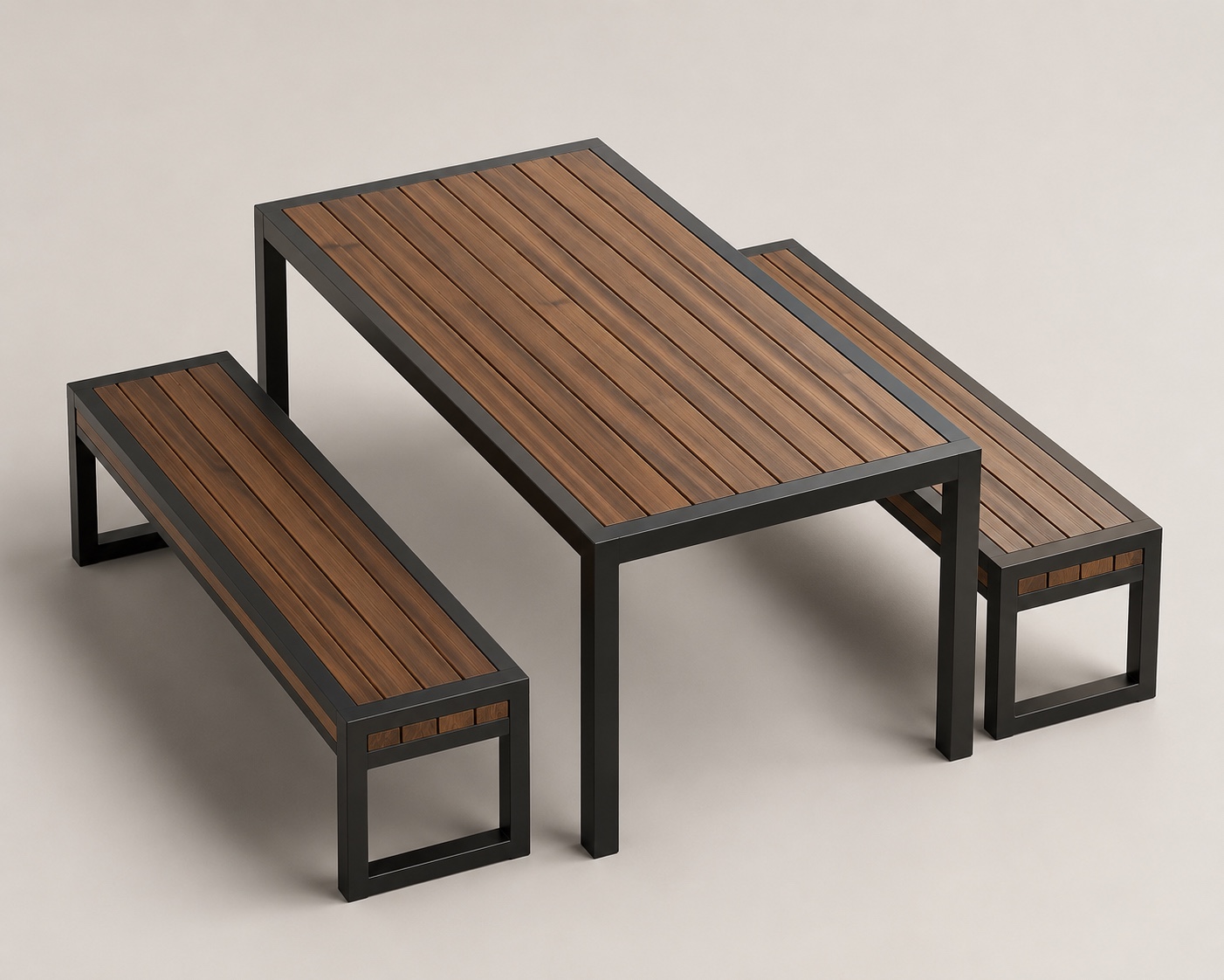 WE FORM SPACE Outdoor furniture set with timber slat table and benches for patio