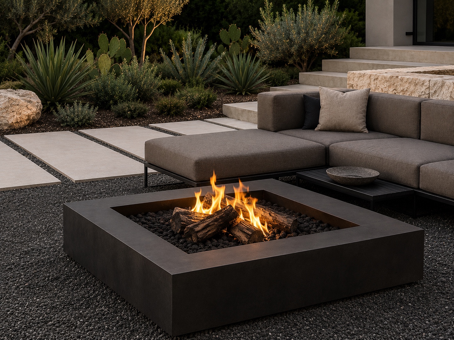 WE FORM SPACE Square outdoor black steel fire pit with flame bed