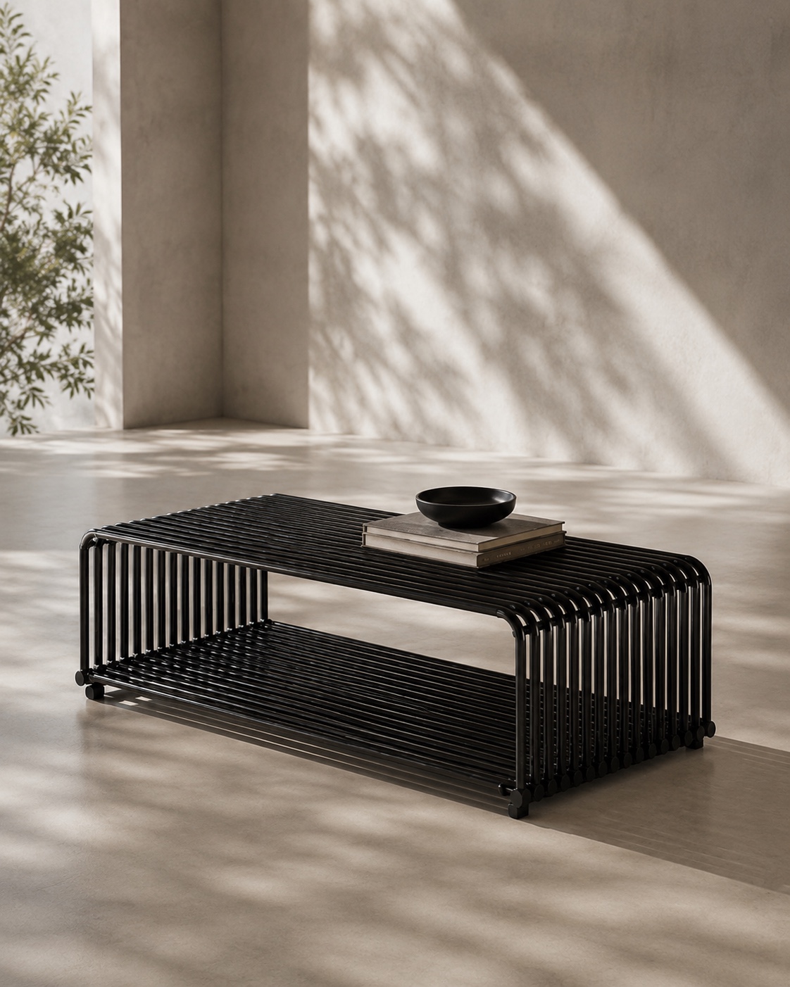 WE FORM SPACE Low black tubular steel coffee table with lower shelf