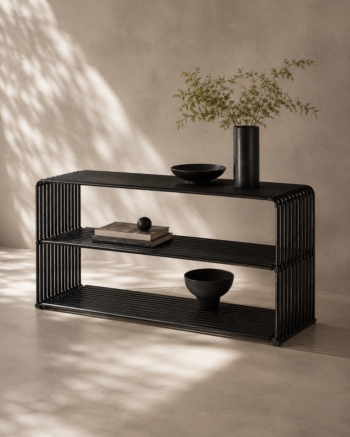 WE FORM SPACE Black tubular steel console shelf with three open levels