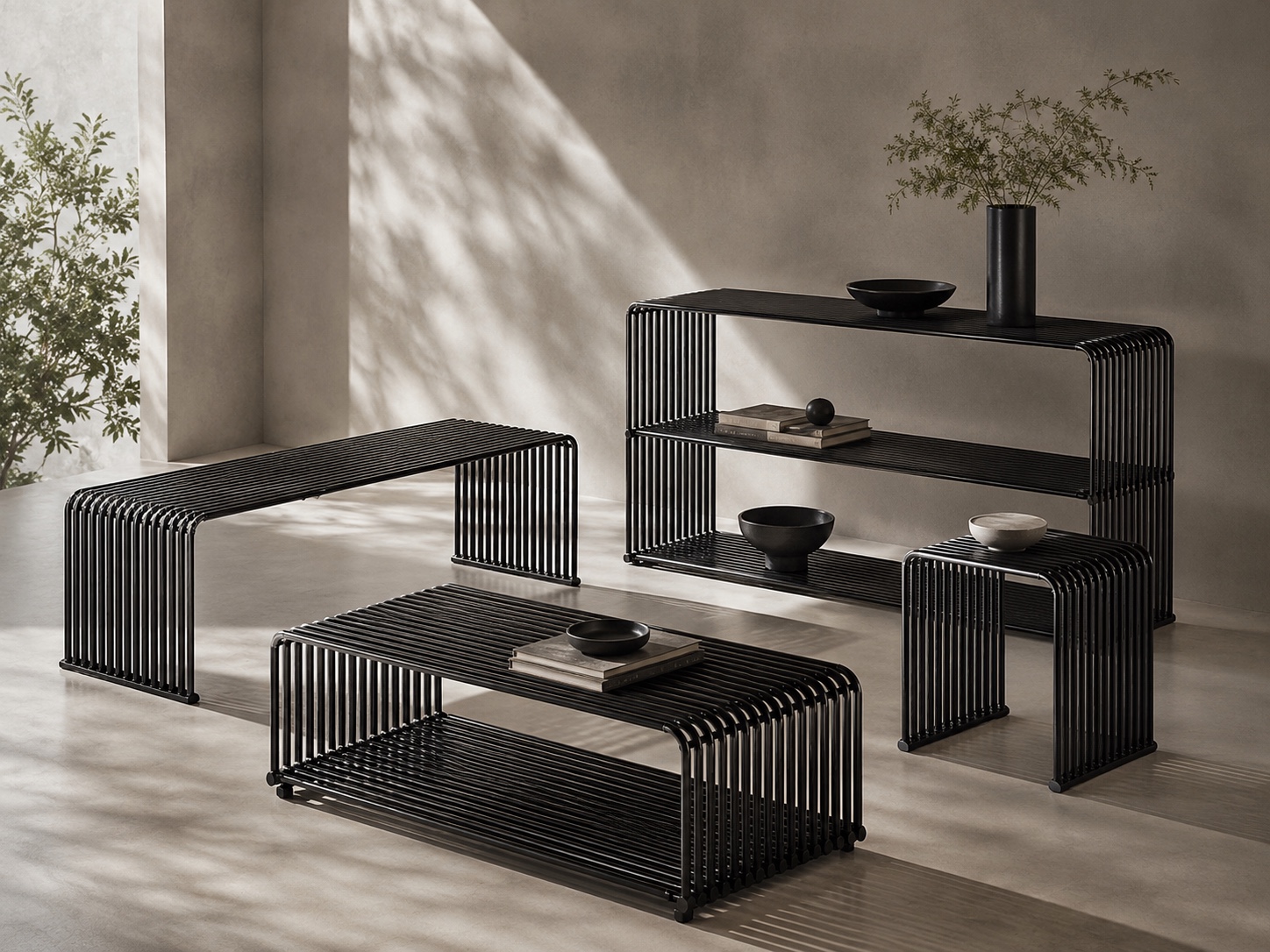 WE FORM SPACE Black tubular steel furniture set with bench, tables, and shelving