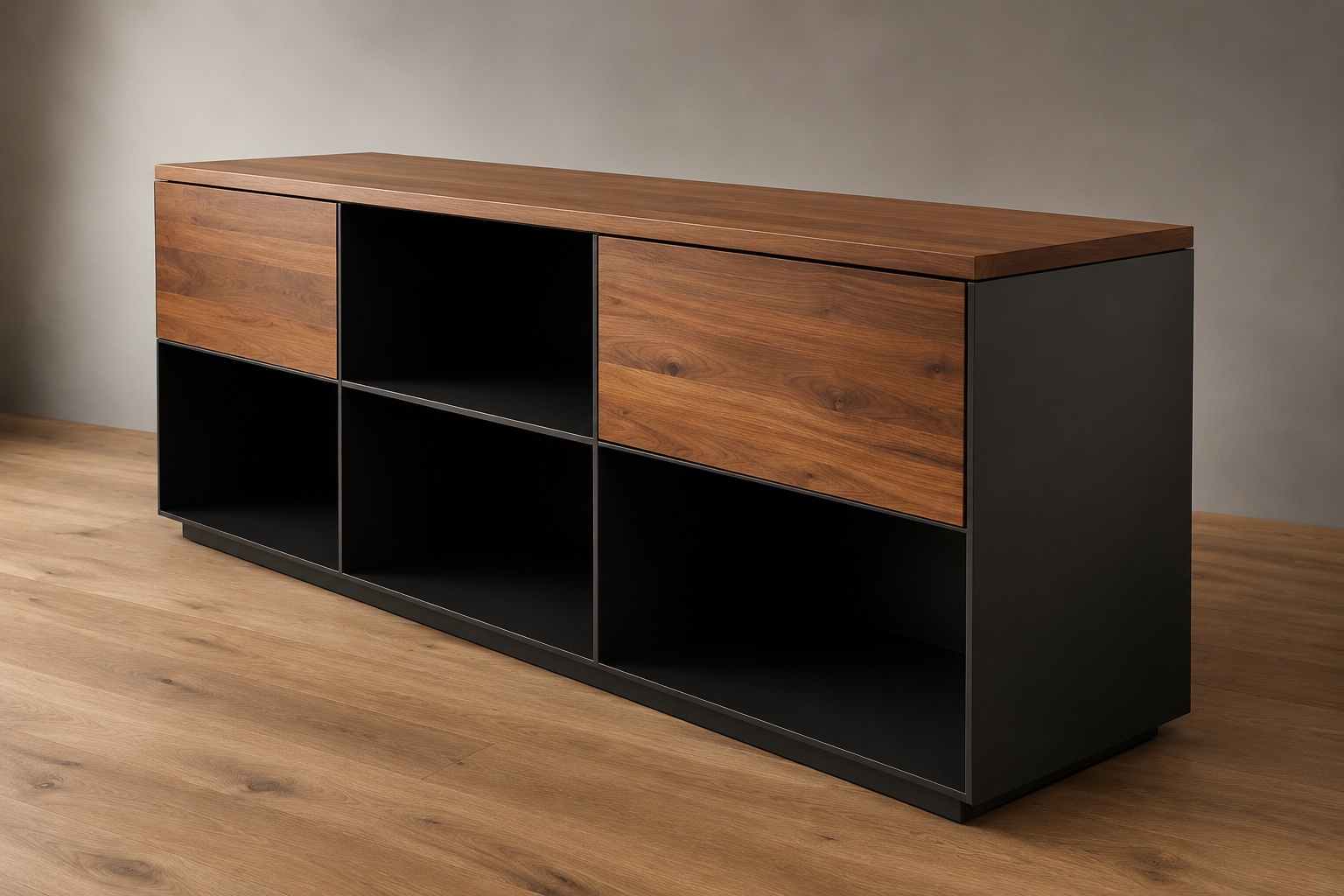 WE FORM SPACE Walnut and black media console with open storage bays