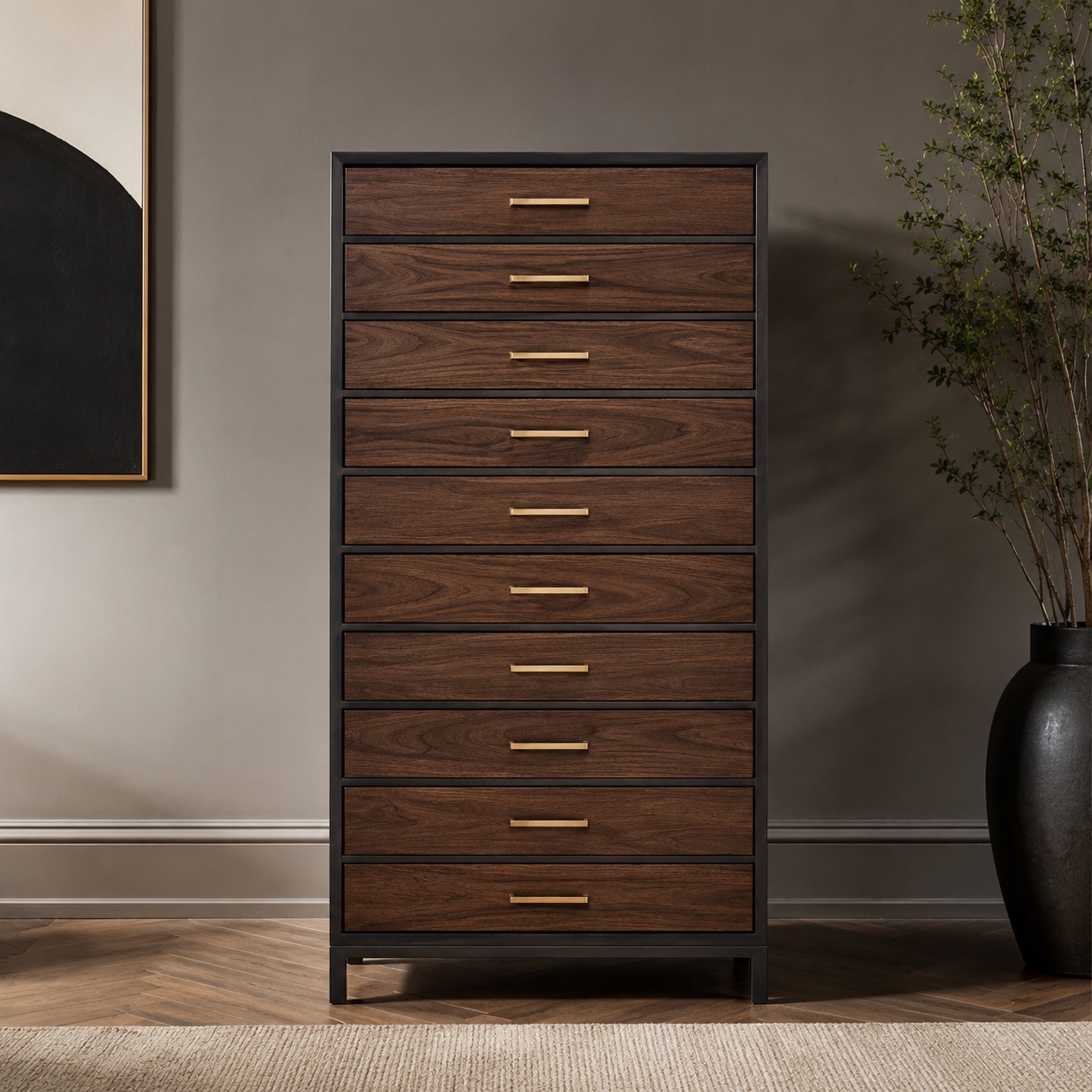 WE FORM SPACE Tall walnut drawer chest with black frame and brass handles